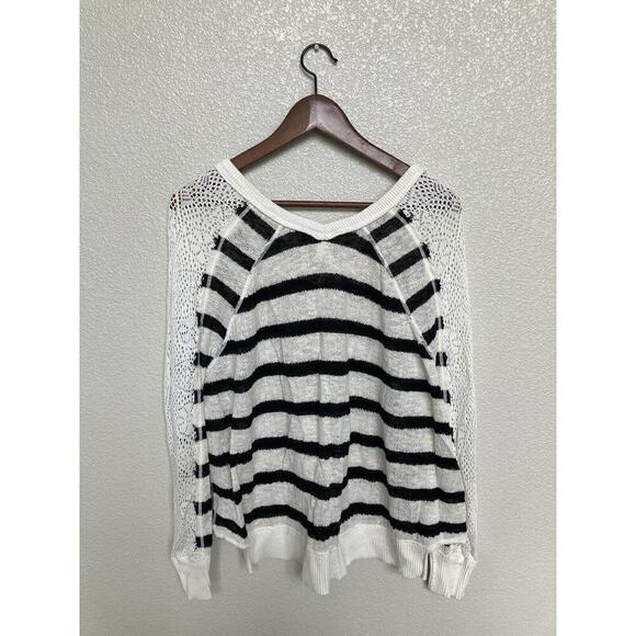 Free People black white stripe knit pullover sweater small crochet boho hippie - Picture 5 of 5